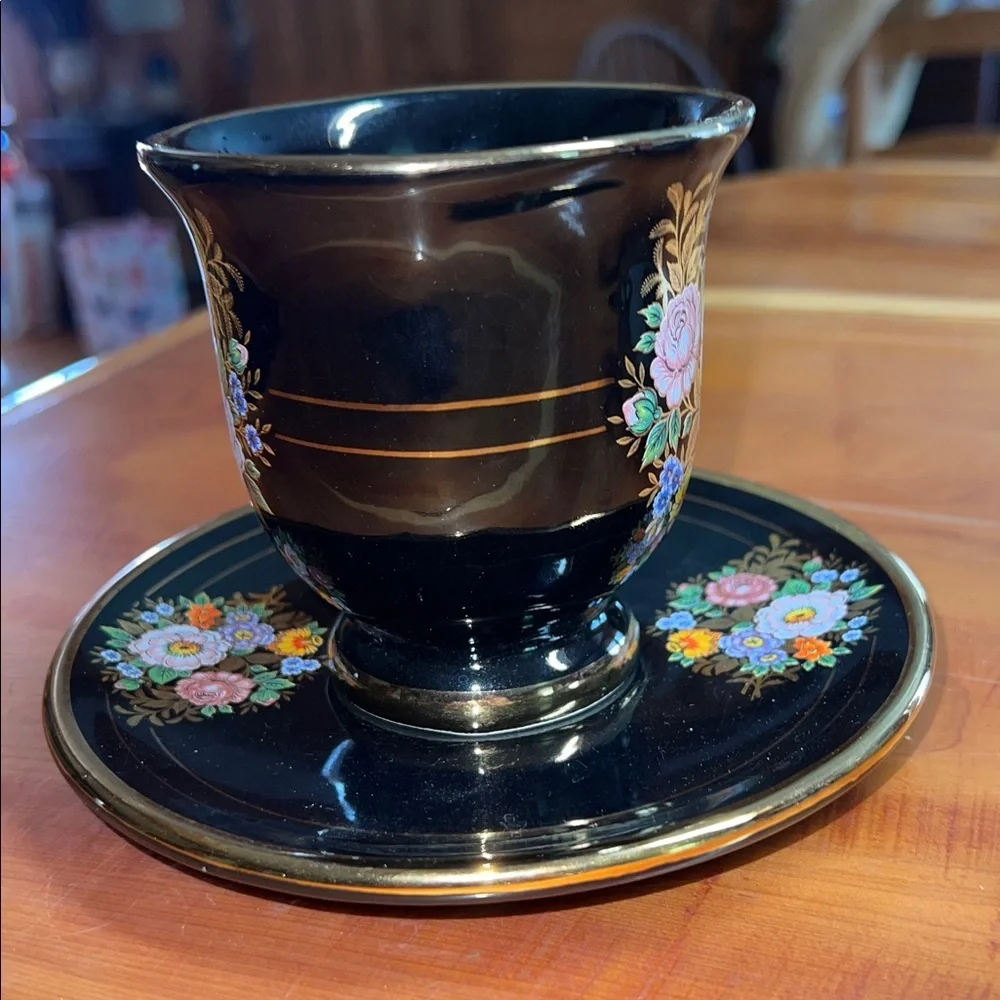 Manousakis Keramik Greece 24K Gold Black Glazed Flat Cup & Saucer Set Floral VTG